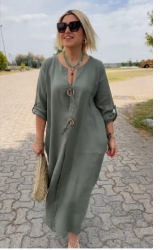 🎁👗 Robe col en V en coton et lin