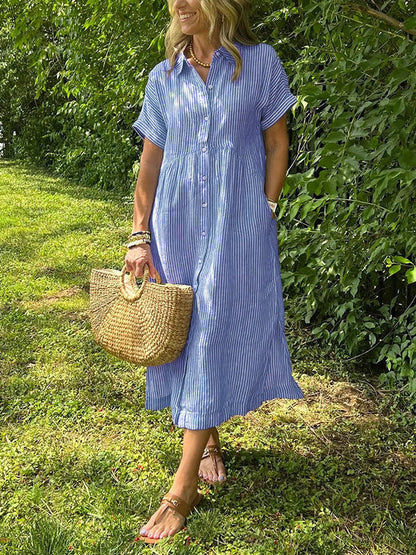 Robe rayée en coton et lin à manches courtes