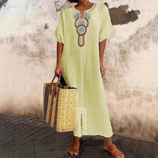 Robe décontractée pour femme en coton et lin, ample, avec broderies et fente