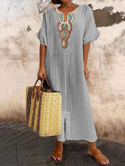 Robe décontractée pour femme en coton et lin, ample, avec broderies et fente