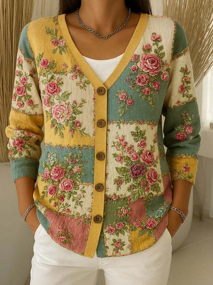 Cardigan en coton à col en V et motif floral pour femme