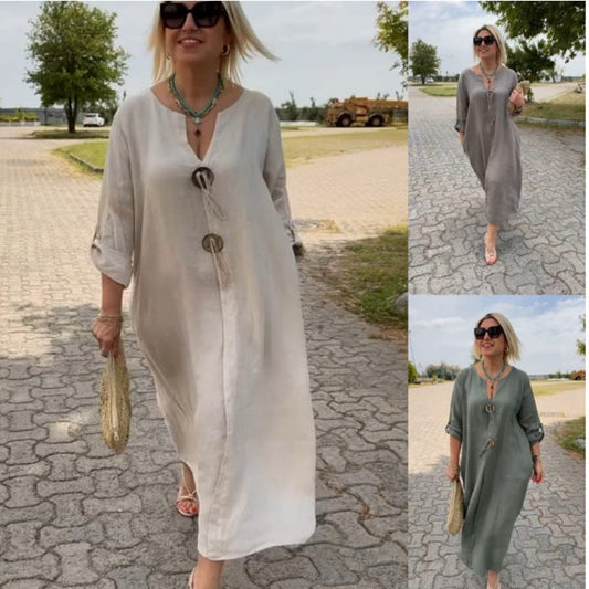 🎁👗 Robe col en V en coton et lin